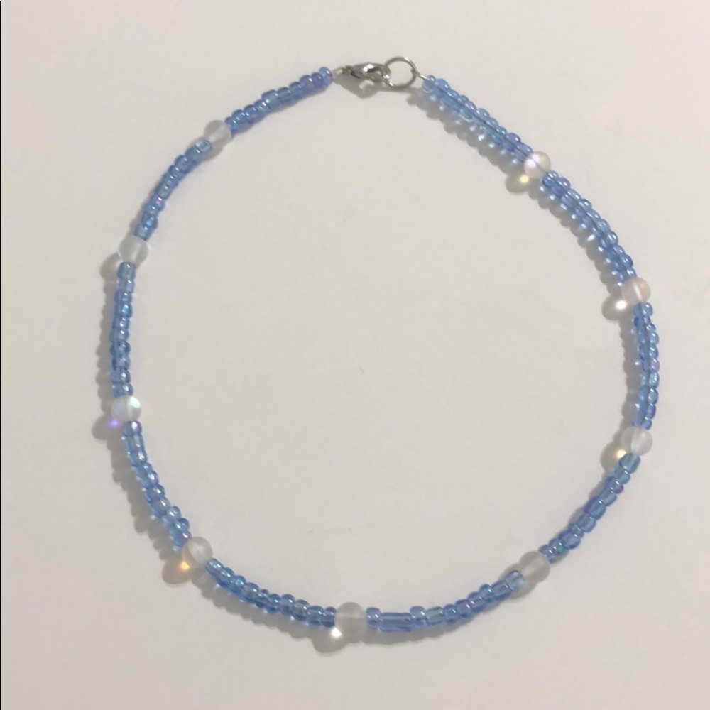 Iridescent blue beaded necklace